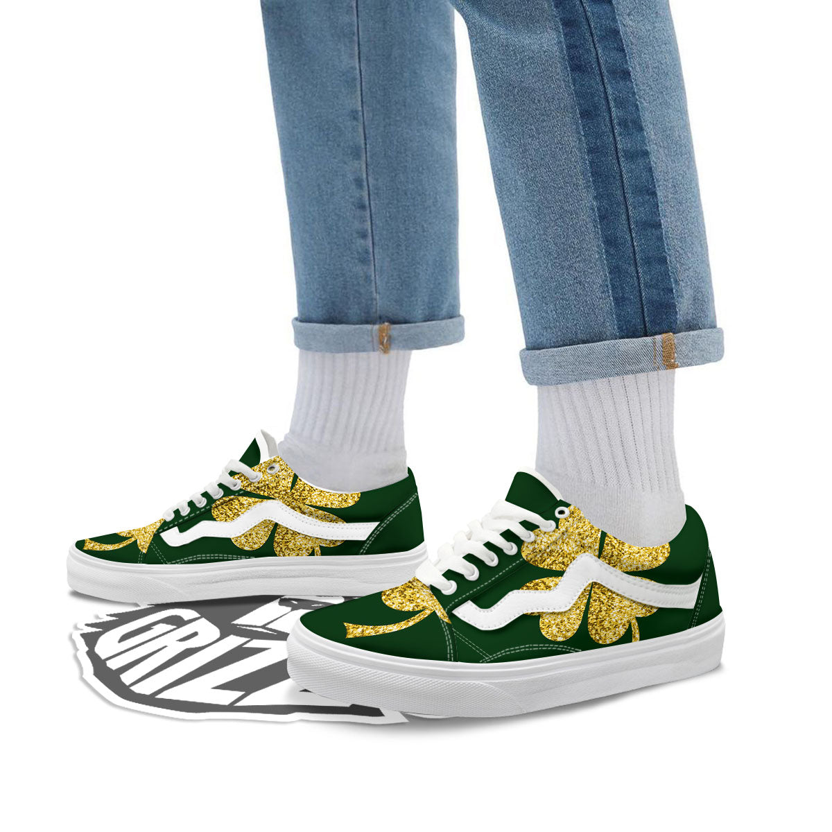 St. Patrick's Day Gold Clover Print Skate Shoes-grizzshop