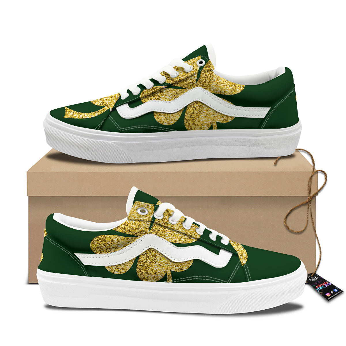 St. Patrick's Day Gold Clover Print Skate Shoes-grizzshop