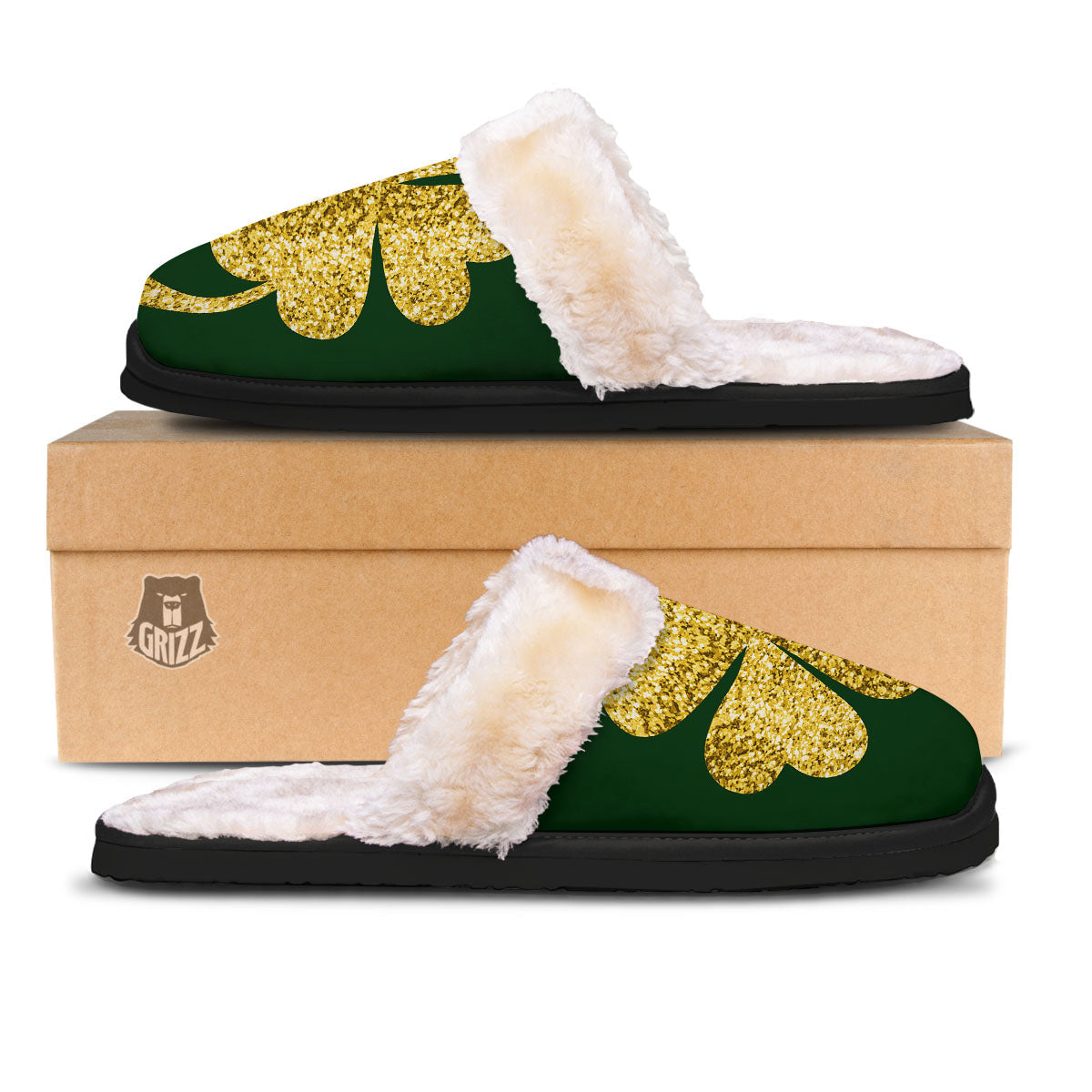 St. Patrick's Day Gold Clover Print Slippers-grizzshop