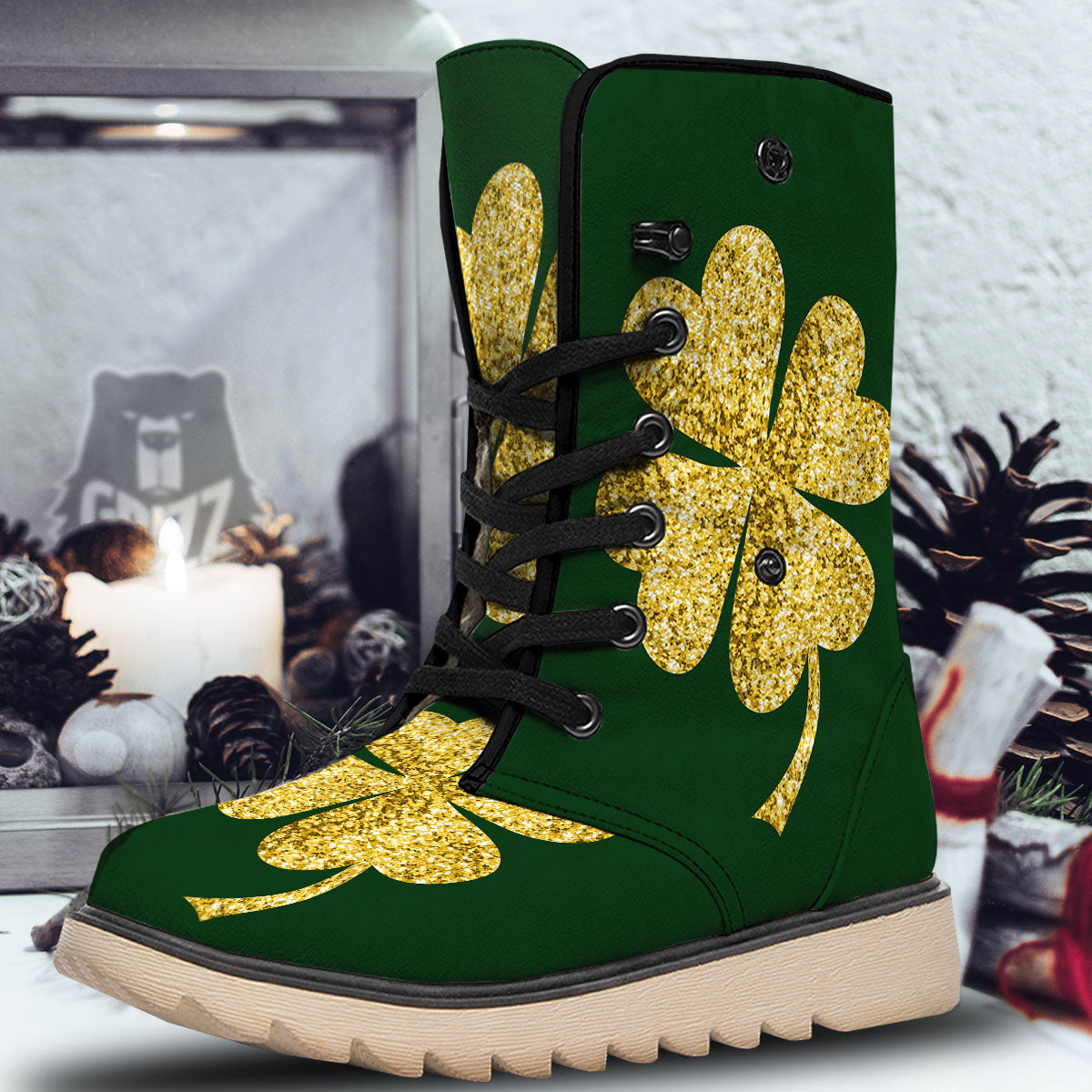 St. Patrick's Day Gold Clover Print Snow Boots-grizzshop