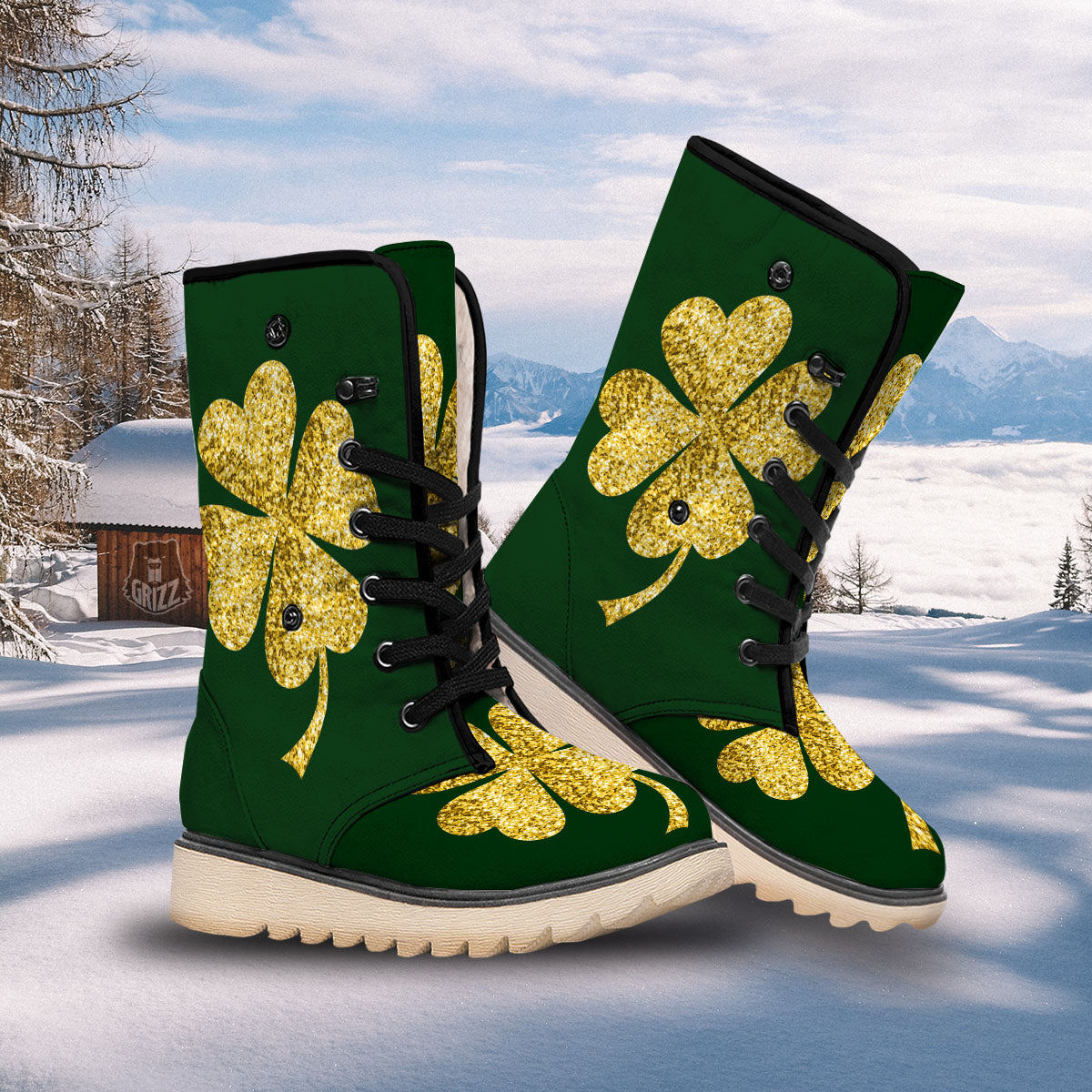 St. Patrick's Day Gold Clover Print Snow Boots-grizzshop