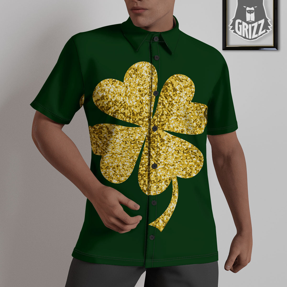 St. Patrick's Day Gold Clover Print Untucked Shirts-grizzshop