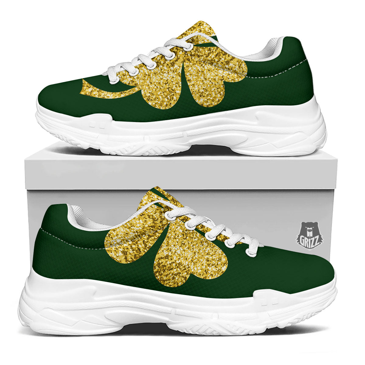 St. Patrick's Day Gold Clover Print White Chunky Shoes-grizzshop