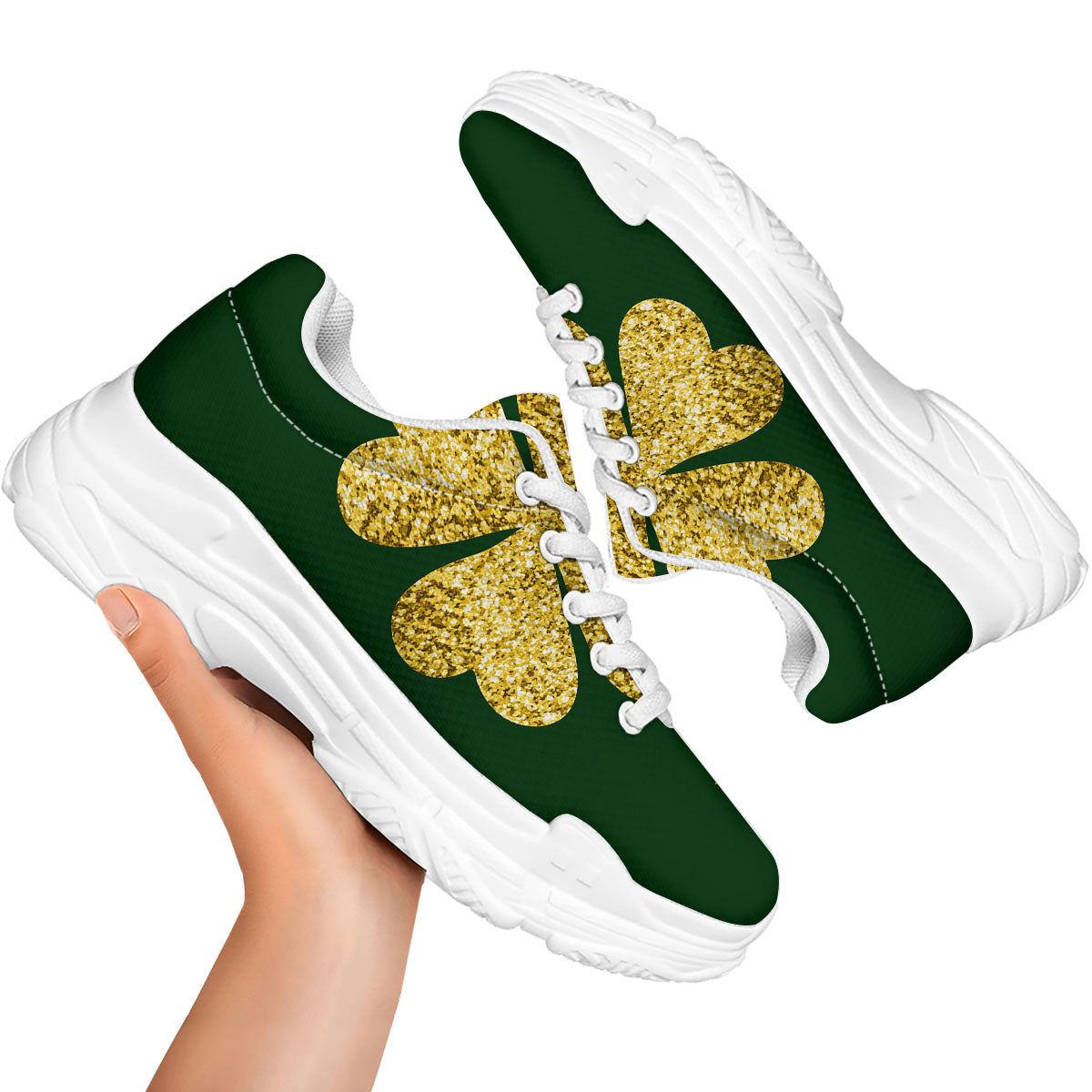 St. Patrick's Day Gold Clover Print White Chunky Shoes-grizzshop