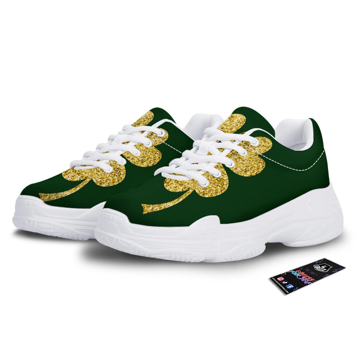 St. Patrick's Day Gold Clover Print White Chunky Shoes-grizzshop