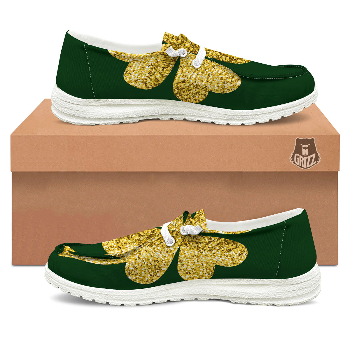 St. Patrick's Day Gold Clover Print White Loafers-grizzshop