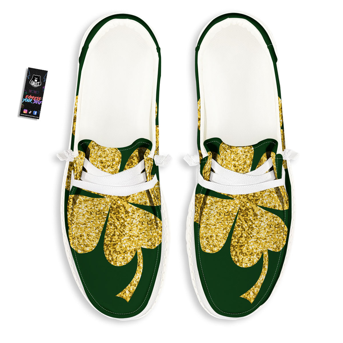 St. Patrick's Day Gold Clover Print White Loafers-grizzshop