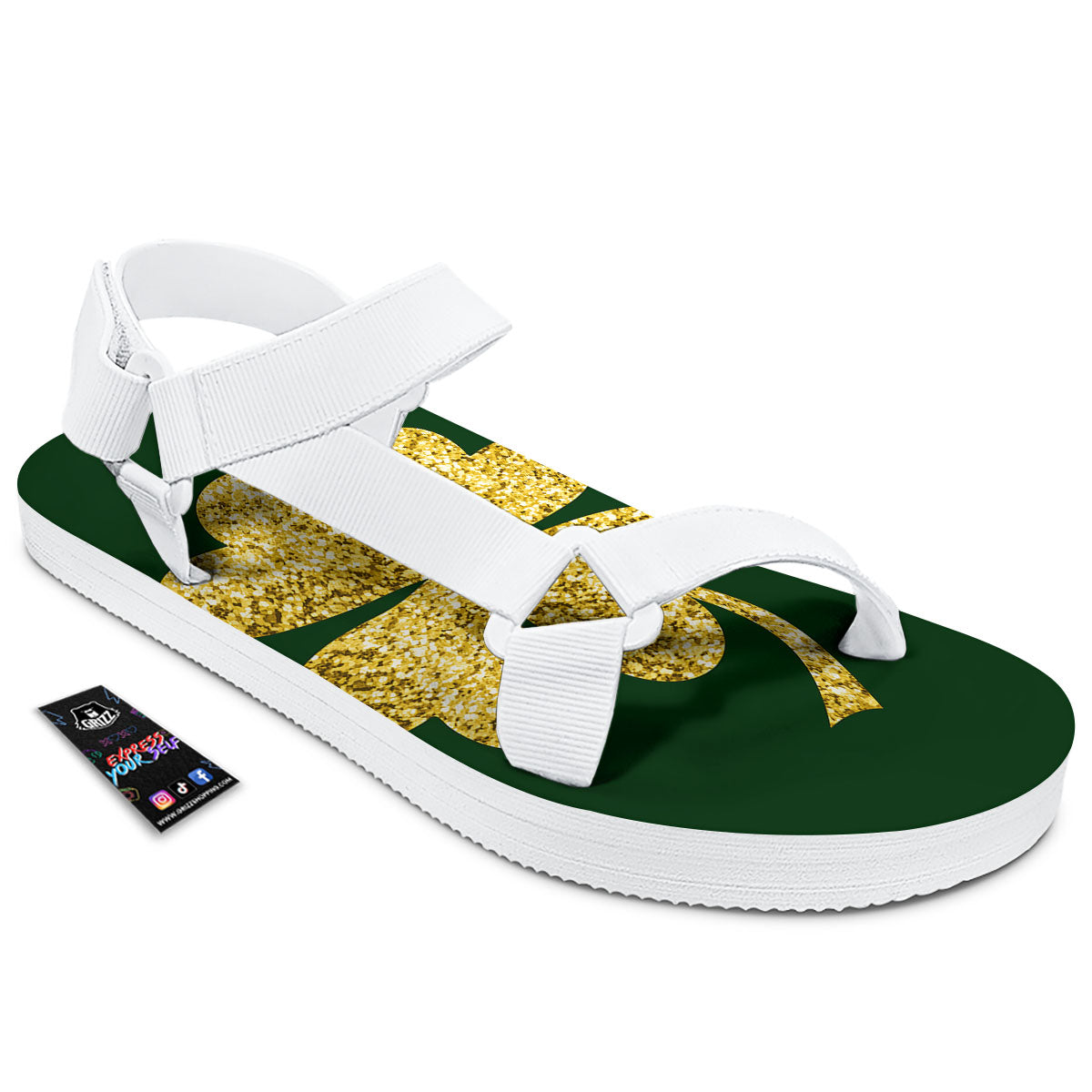 St. Patrick's Day Gold Clover Print White Open Toe Sandals-grizzshop