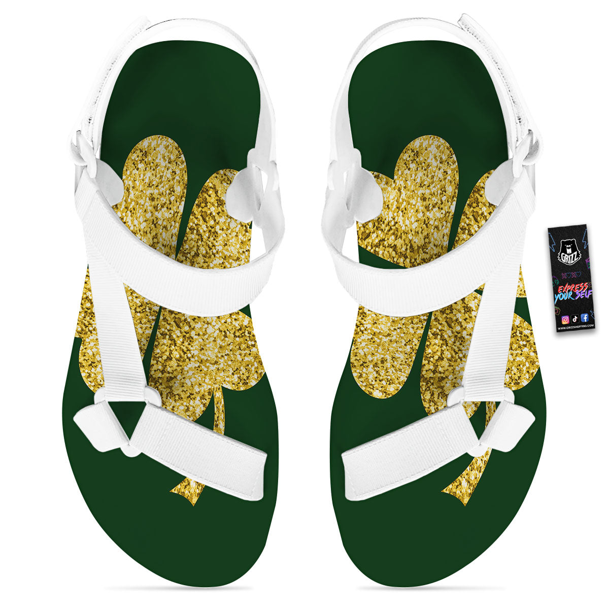 St. Patrick's Day Gold Clover Print White Open Toe Sandals-grizzshop