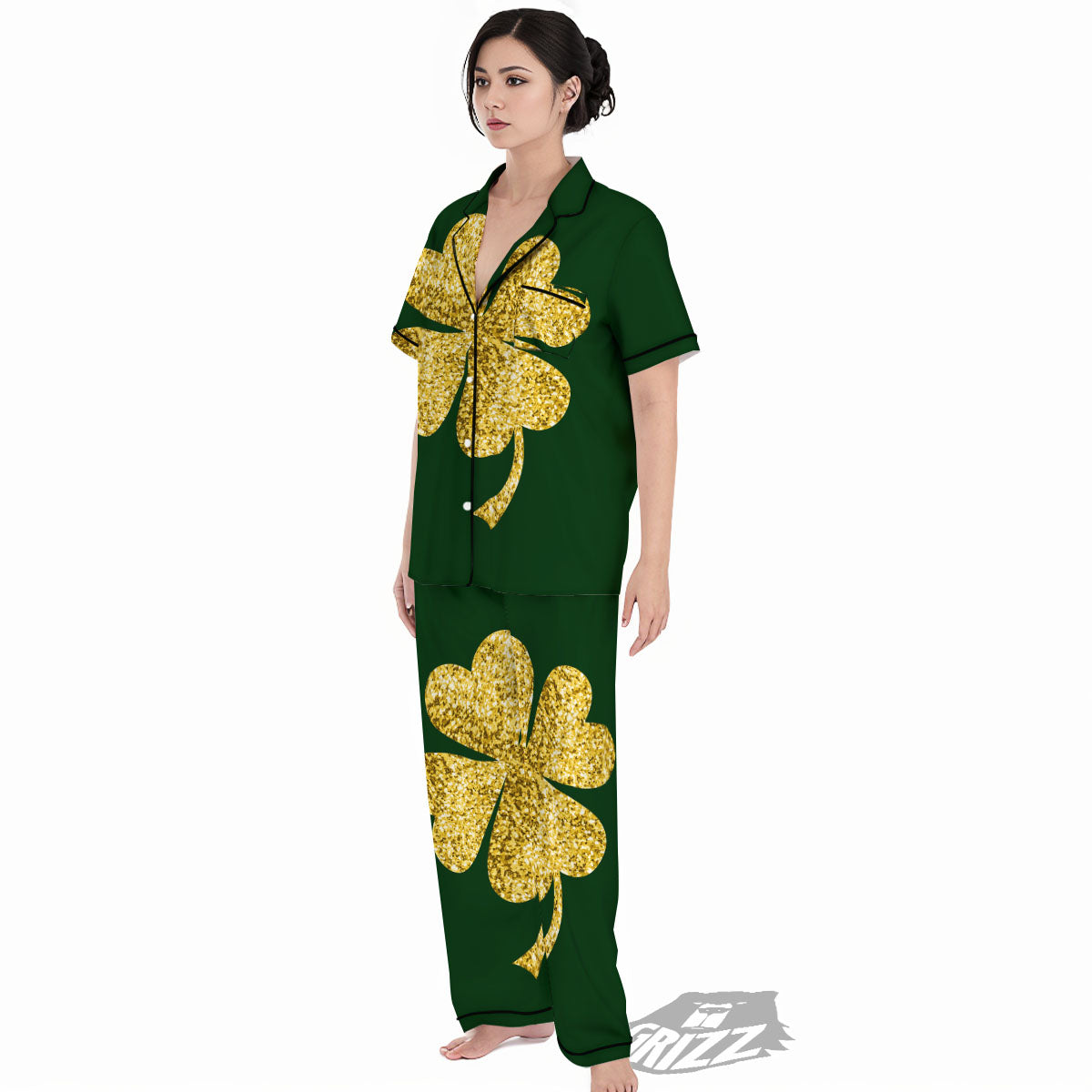 St. Patrick's Day Gold Clover Print Women's Pajamas Set-grizzshop