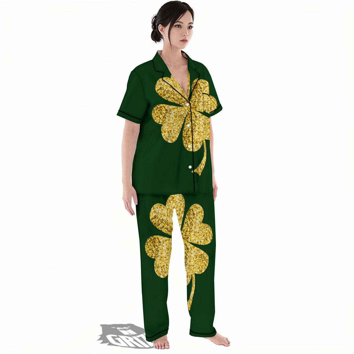 St. Patrick's Day Gold Clover Print Women's Pajamas Set-grizzshop