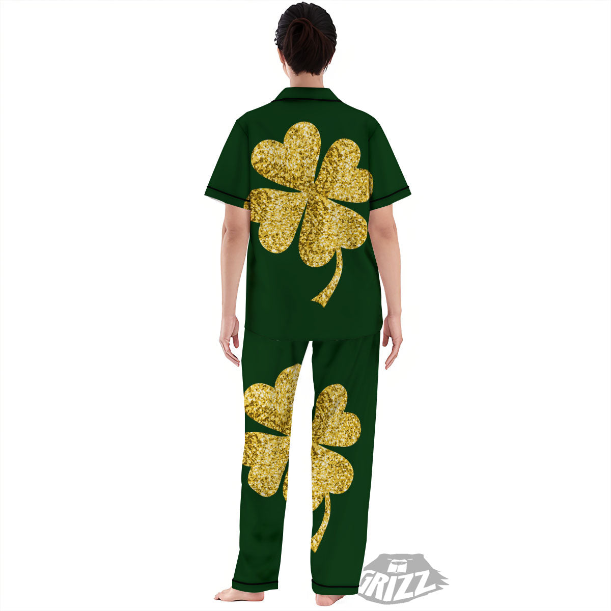 St. Patrick's Day Gold Clover Print Women's Pajamas Set-grizzshop