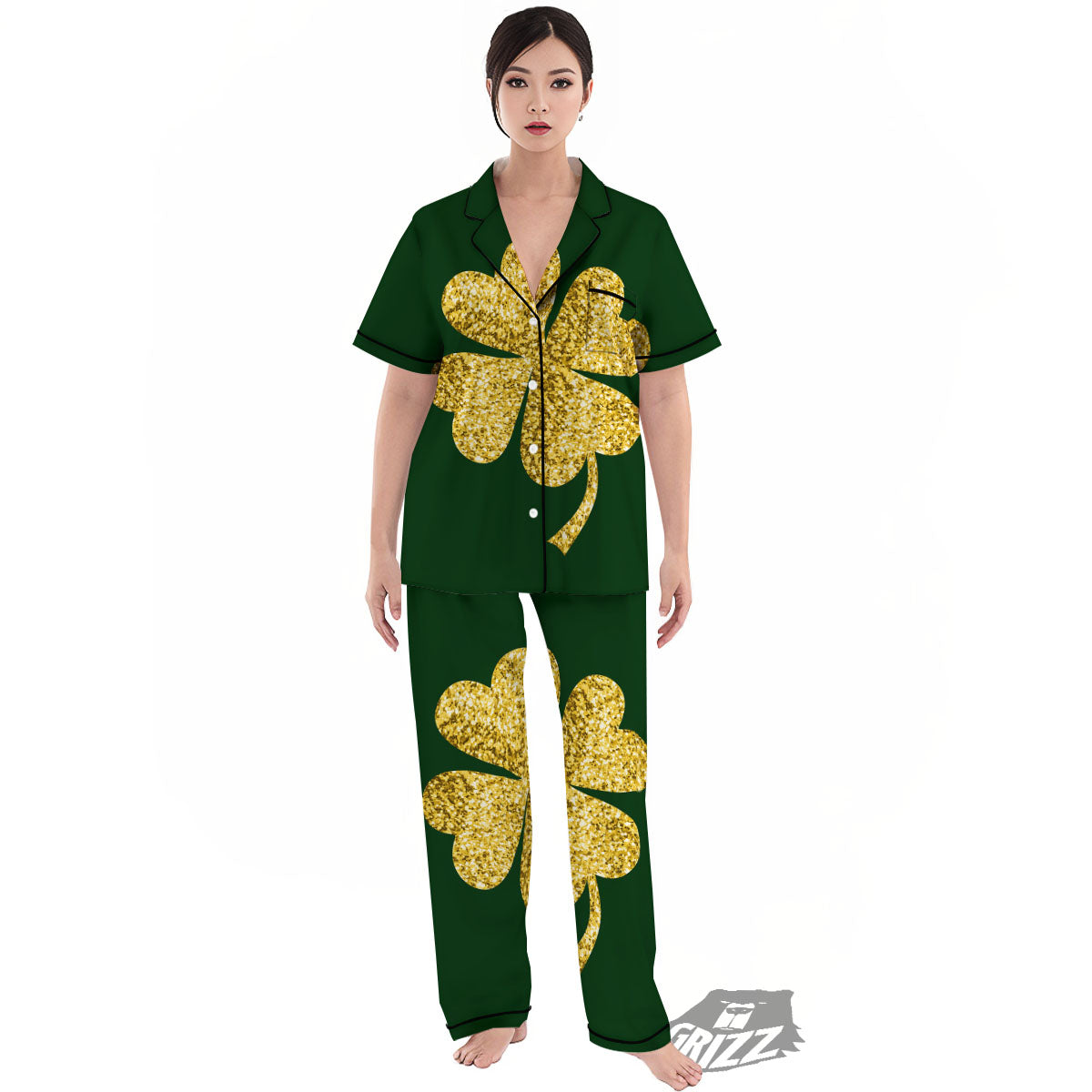 St. Patrick's Day Gold Clover Print Women's Pajamas Set-grizzshop