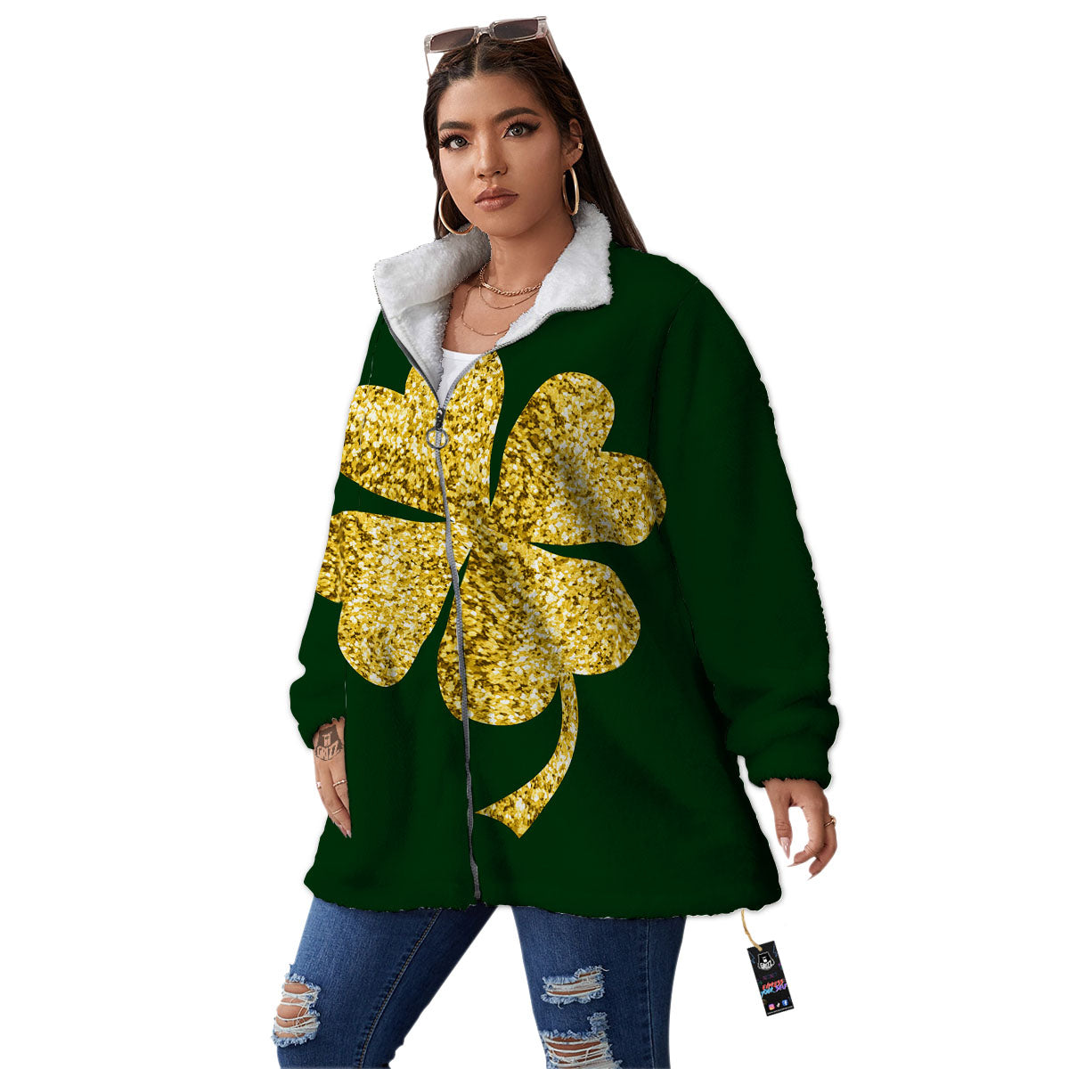 St. Patrick's Day Gold Clover Print Women's Sherpa Jacket-grizzshop