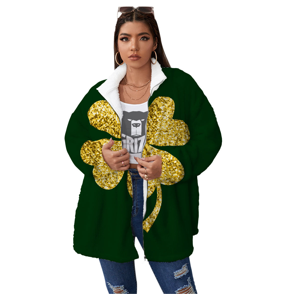 St. Patrick's Day Gold Clover Print Women's Sherpa Jacket-grizzshop