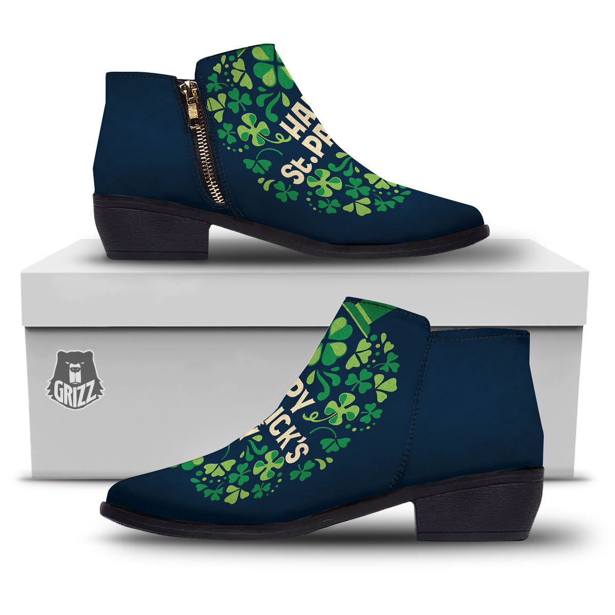 St. Patrick's Day Green Clover Print Ankle Boots-grizzshop