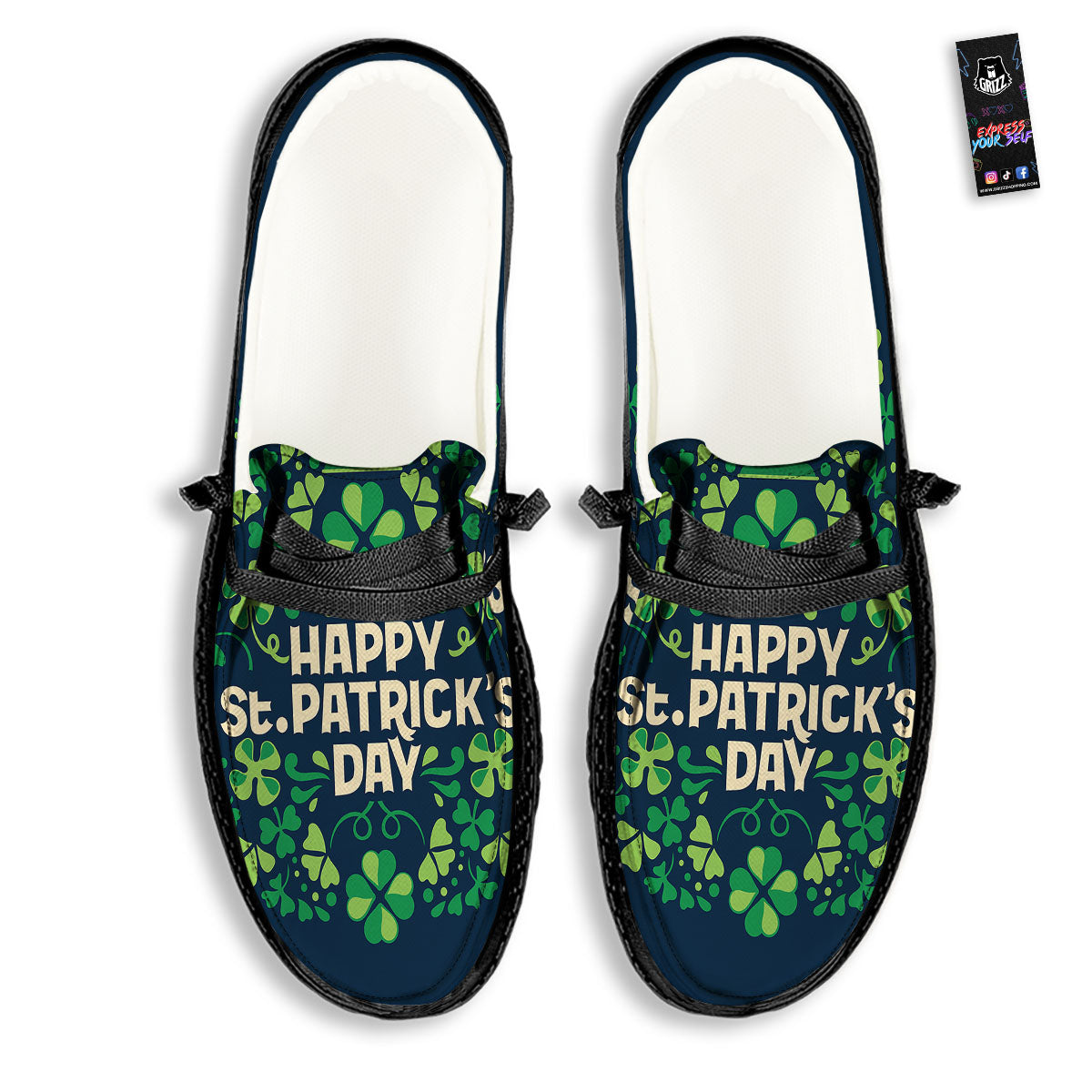 St. Patrick's Day Green Clover Print Black Loafers-grizzshop