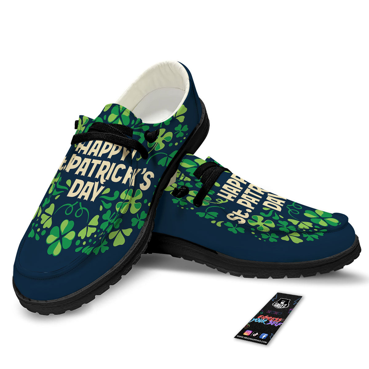 St. Patrick's Day Green Clover Print Black Loafers-grizzshop