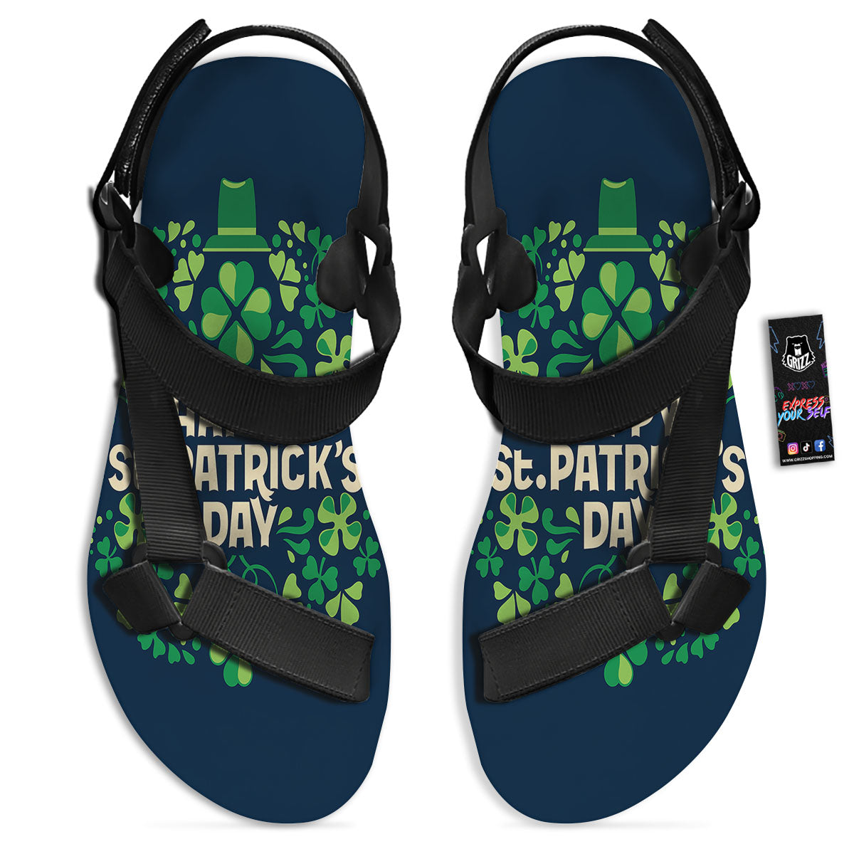 St. Patrick's Day Green Clover Print Black Open Toe Sandals-grizzshop