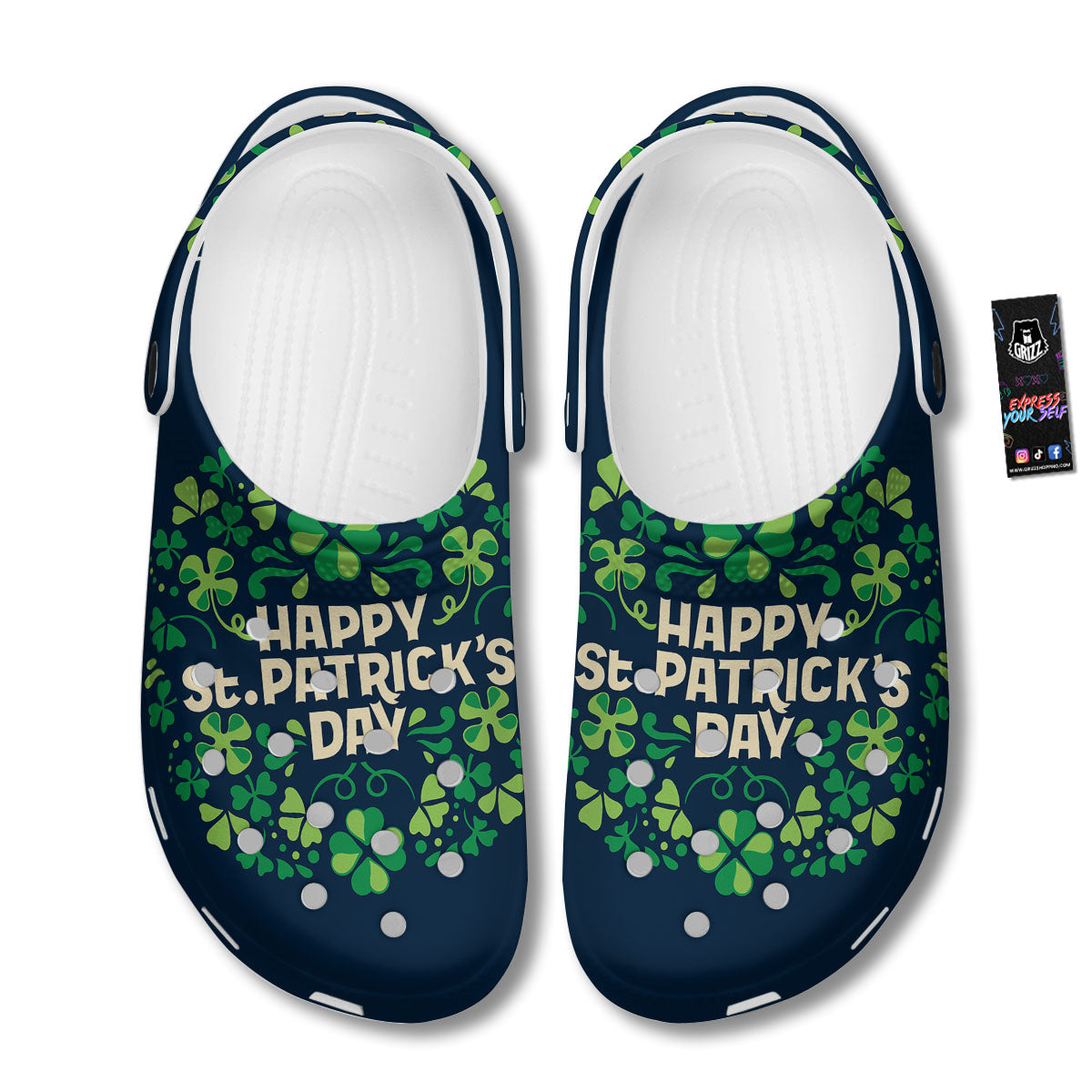 St. Patrick's Day Green Clover Print Clog-grizzshop