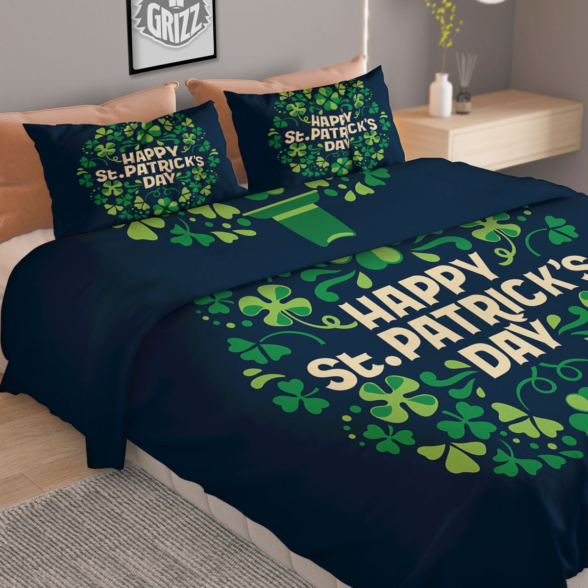 St. Patrick's Day Green Clover Print Duvet Cover Bedding Set