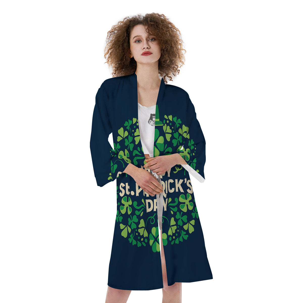 St. Patrick's Day Green Clover Print Kimono-grizzshop