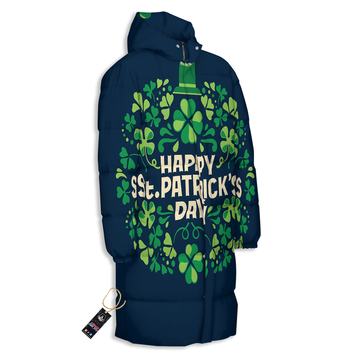 St. Patrick's Day Green Clover Print Long Down Jacket-grizzshop