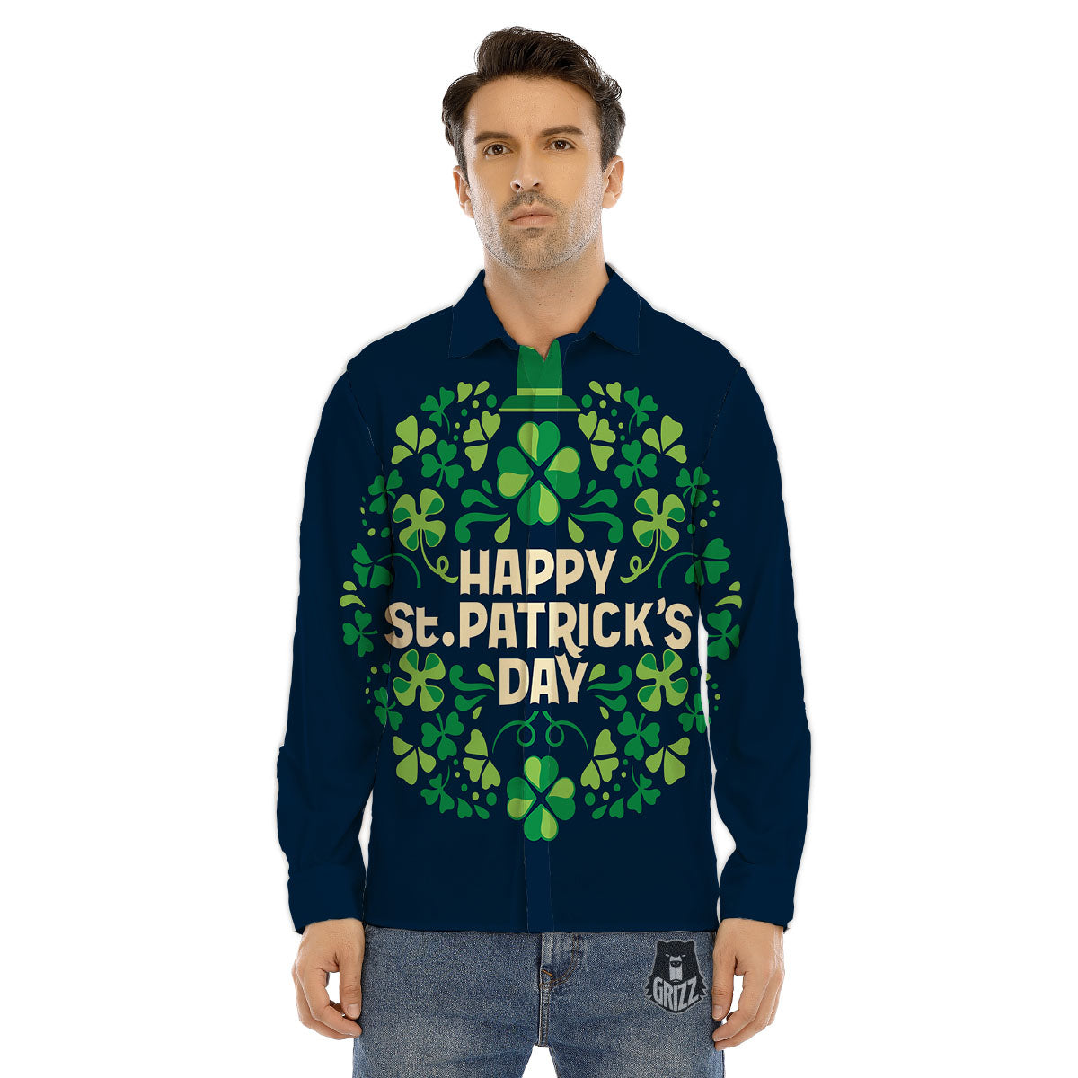 St. Patrick's Day Green Clover Print Men's Dress Shirts-grizzshop