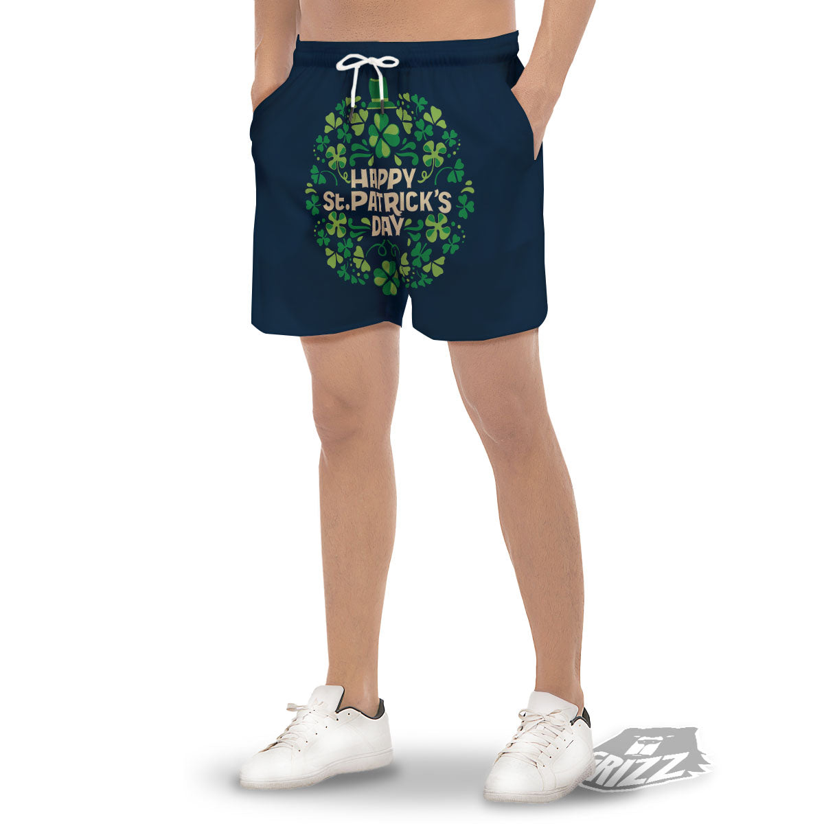 St. Patrick's Day Green Clover Print Men's Gym Shorts-grizzshop