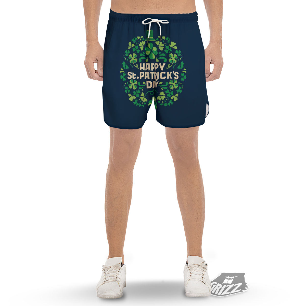 St. Patrick's Day Green Clover Print Men's Gym Shorts-grizzshop