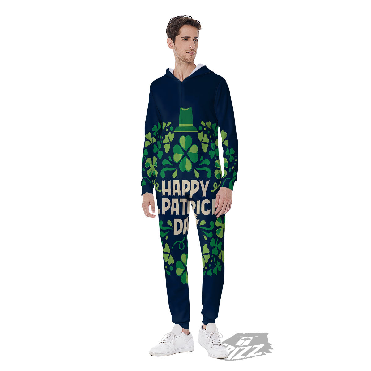 St. Patrick's Day Green Clover Print Men's Jumpsuit-grizzshop