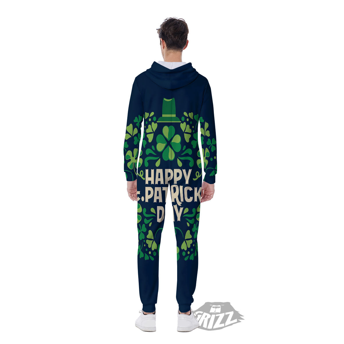 St. Patrick's Day Green Clover Print Men's Jumpsuit-grizzshop