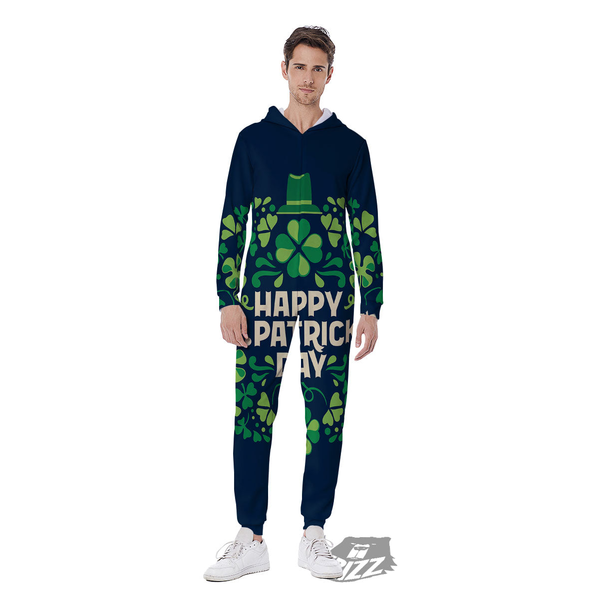 St. Patrick's Day Green Clover Print Men's Jumpsuit-grizzshop