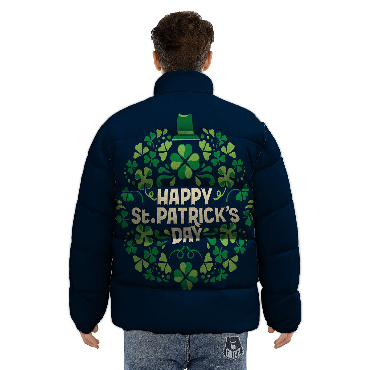 St. Patrick's Day Green Clover Print Puffer Jacket-grizzshop