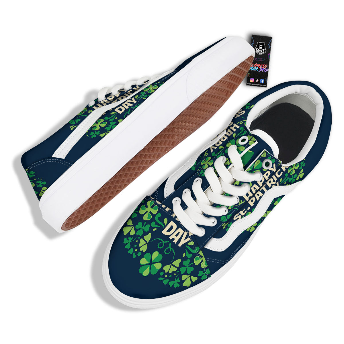 St. Patrick's Day Green Clover Print Skate Shoes-grizzshop