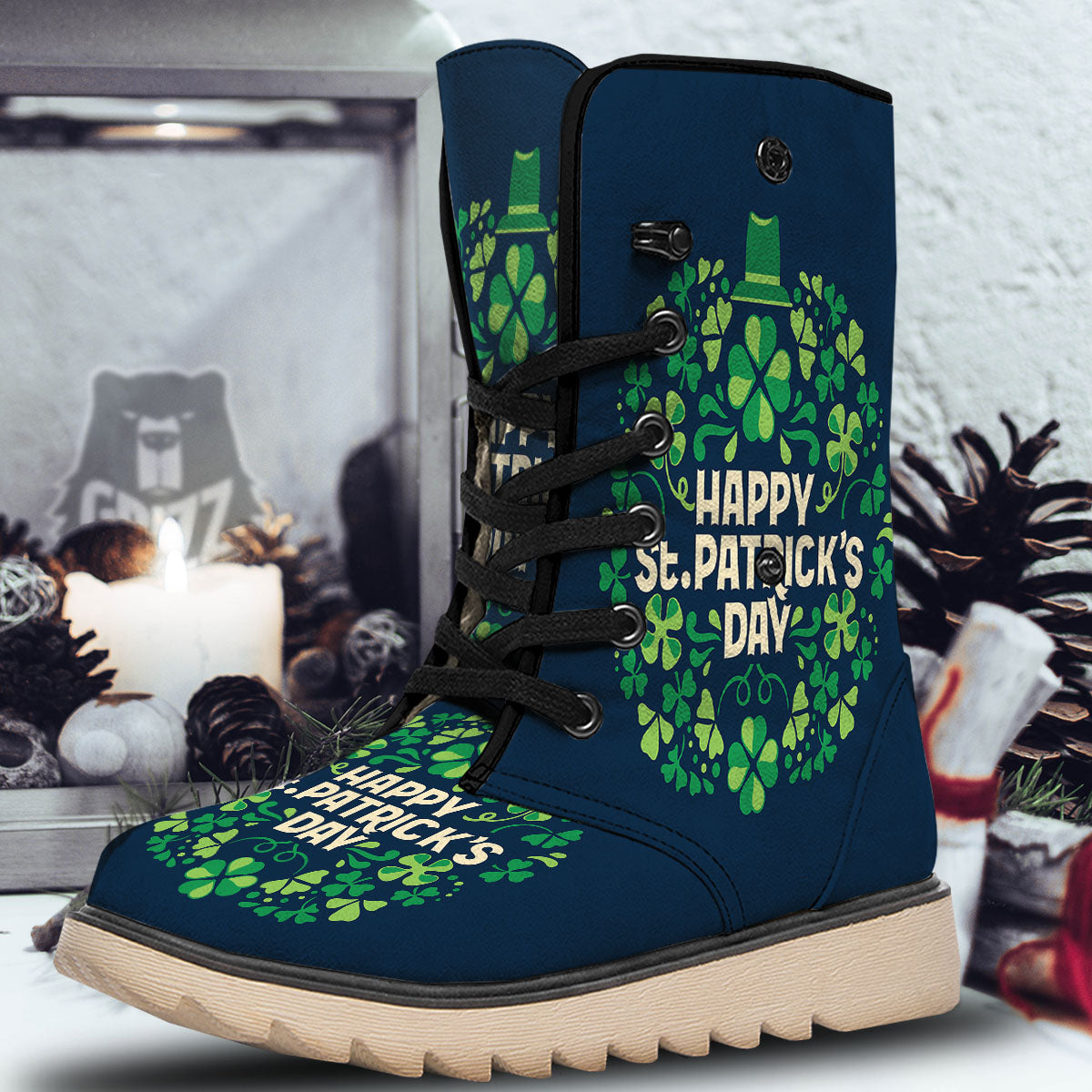 St. Patrick's Day Green Clover Print Snow Boots-grizzshop