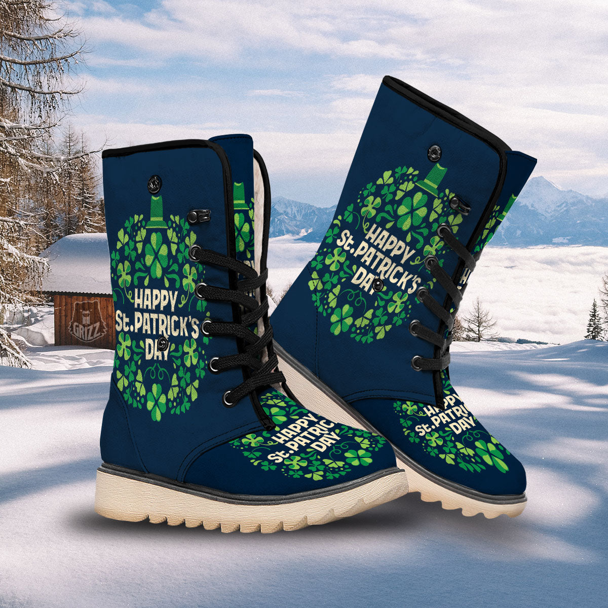 St. Patrick's Day Green Clover Print Snow Boots-grizzshop