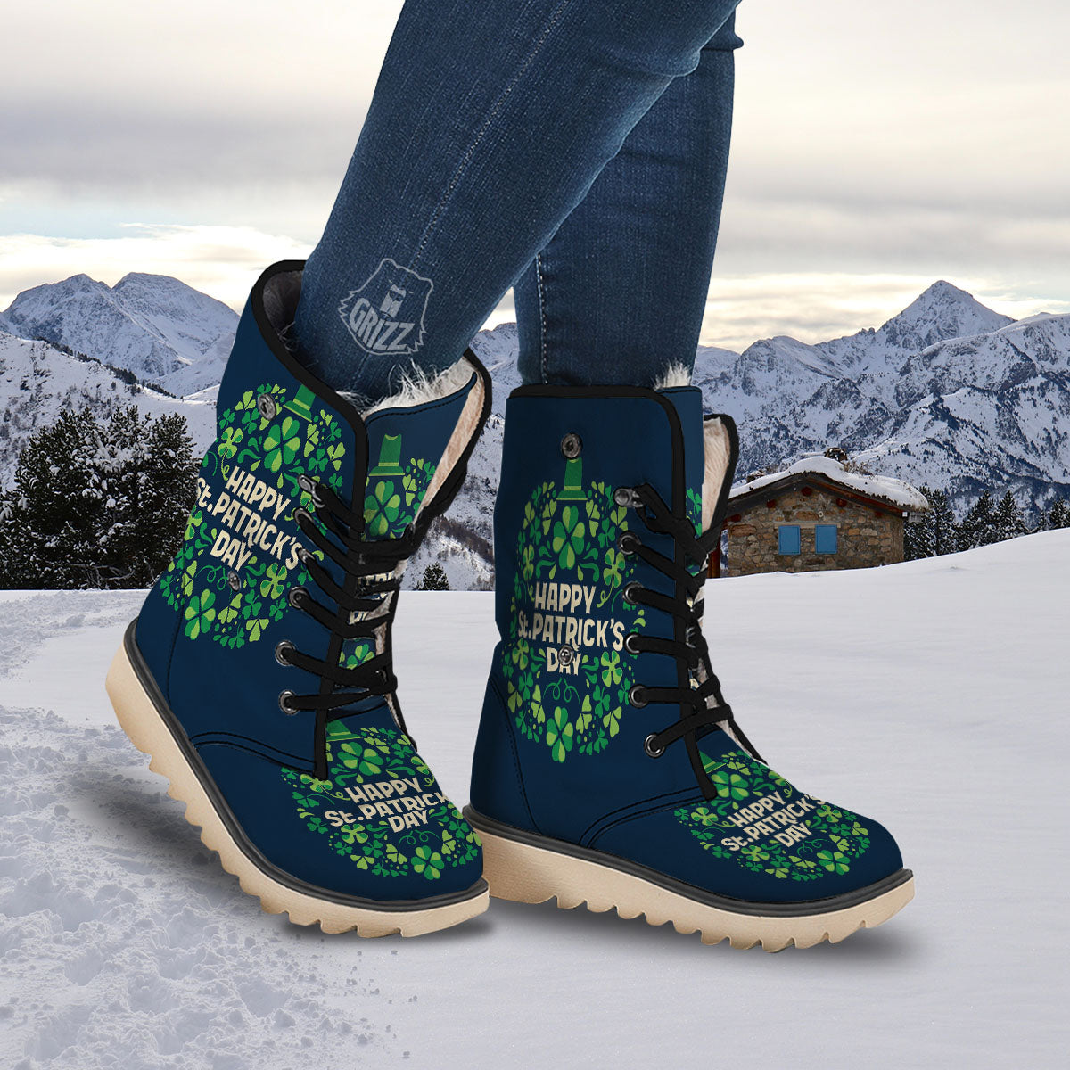 St. Patrick's Day Green Clover Print Snow Boots-grizzshop