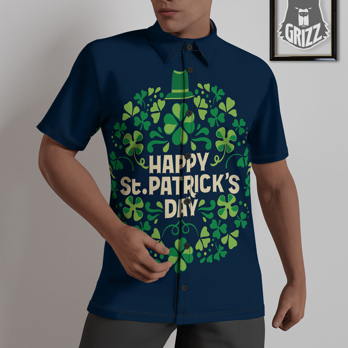 St. Patrick's Day Green Clover Print Untucked Shirts-grizzshop