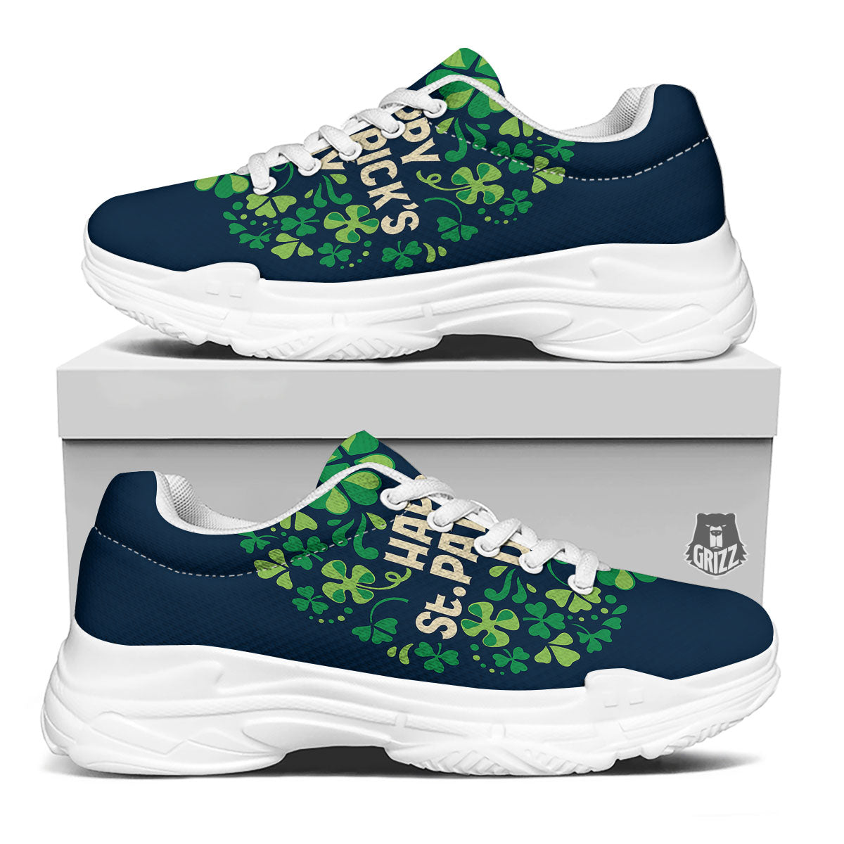 St. Patrick's Day Green Clover Print White Chunky Shoes-grizzshop