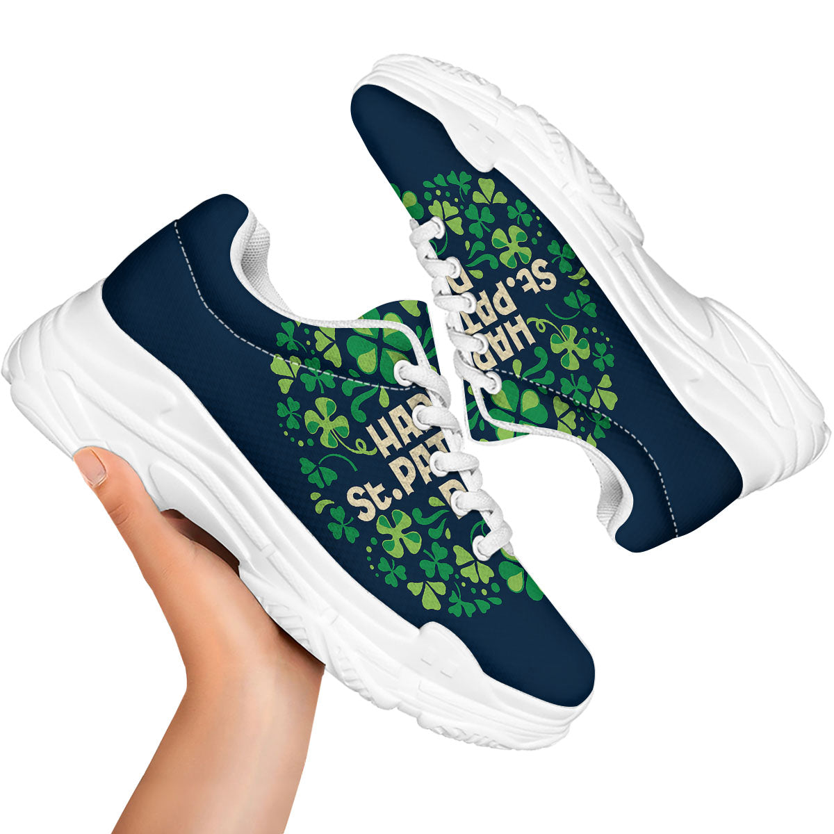 St. Patrick's Day Green Clover Print White Chunky Shoes-grizzshop