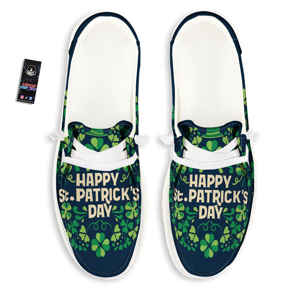 St. Patrick's Day Green Clover Print White Loafers-grizzshop