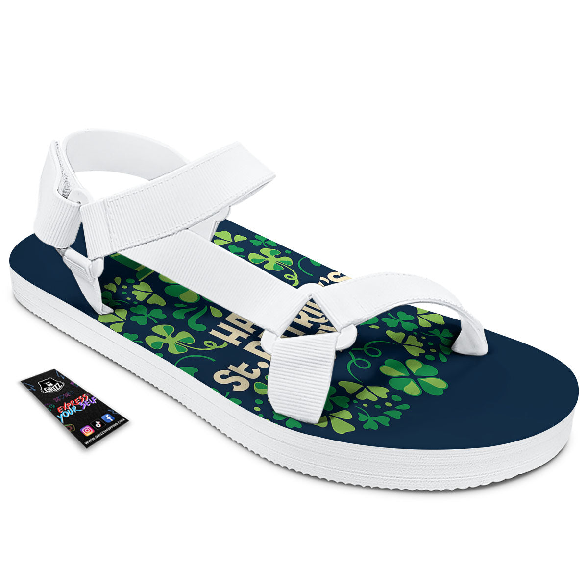 St. Patrick's Day Green Clover Print White Open Toe Sandals-grizzshop