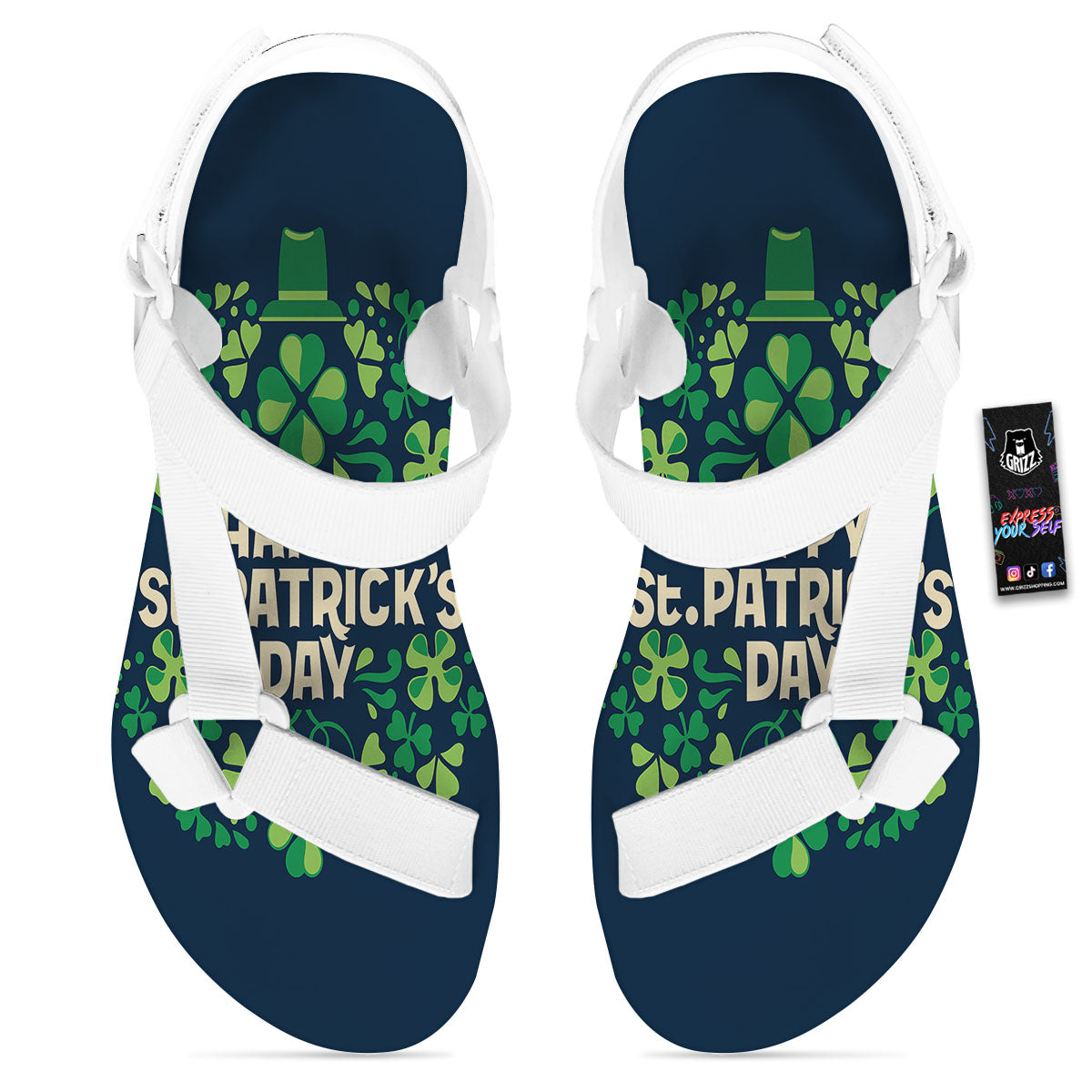 St. Patrick's Day Green Clover Print White Open Toe Sandals-grizzshop