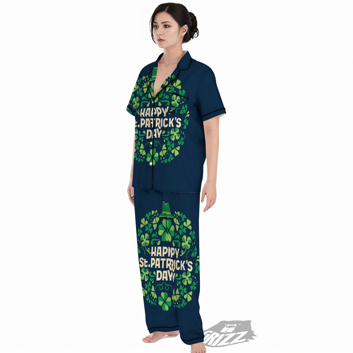 St. Patrick's Day Green Clover Print Women's Pajamas Set-grizzshop