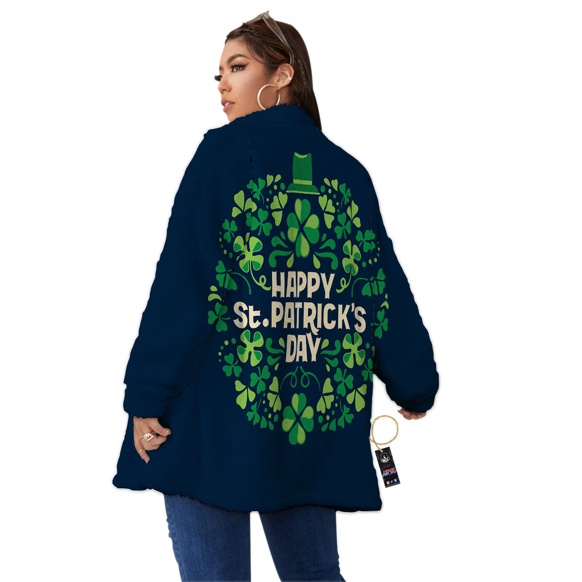 St. Patrick's Day Green Clover Print Women's Sherpa Jacket-grizzshop