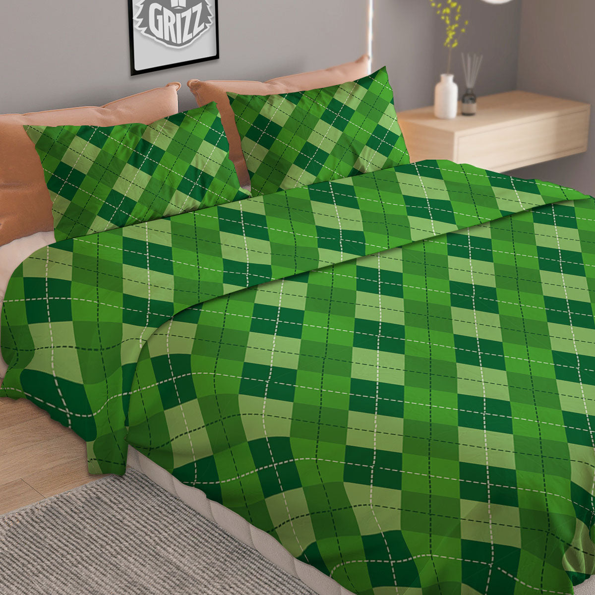 St. Patrick's Day Green Plaid Print Duvet Cover Bedding Set