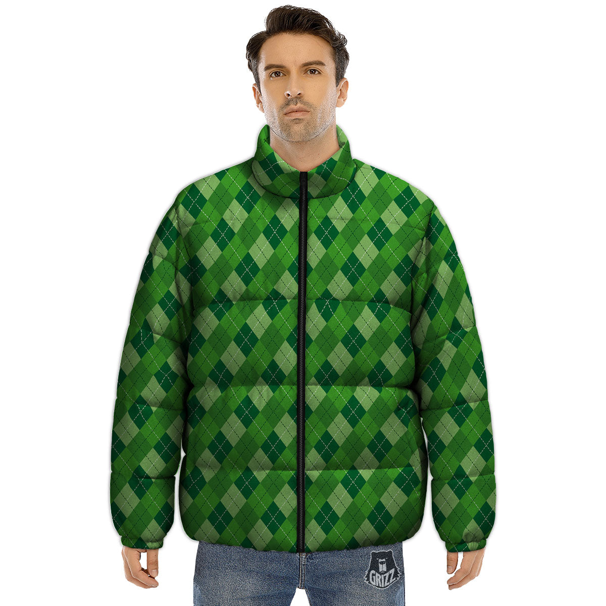 St. Patrick's Day Green Plaid Print Puffer Jacket-grizzshop