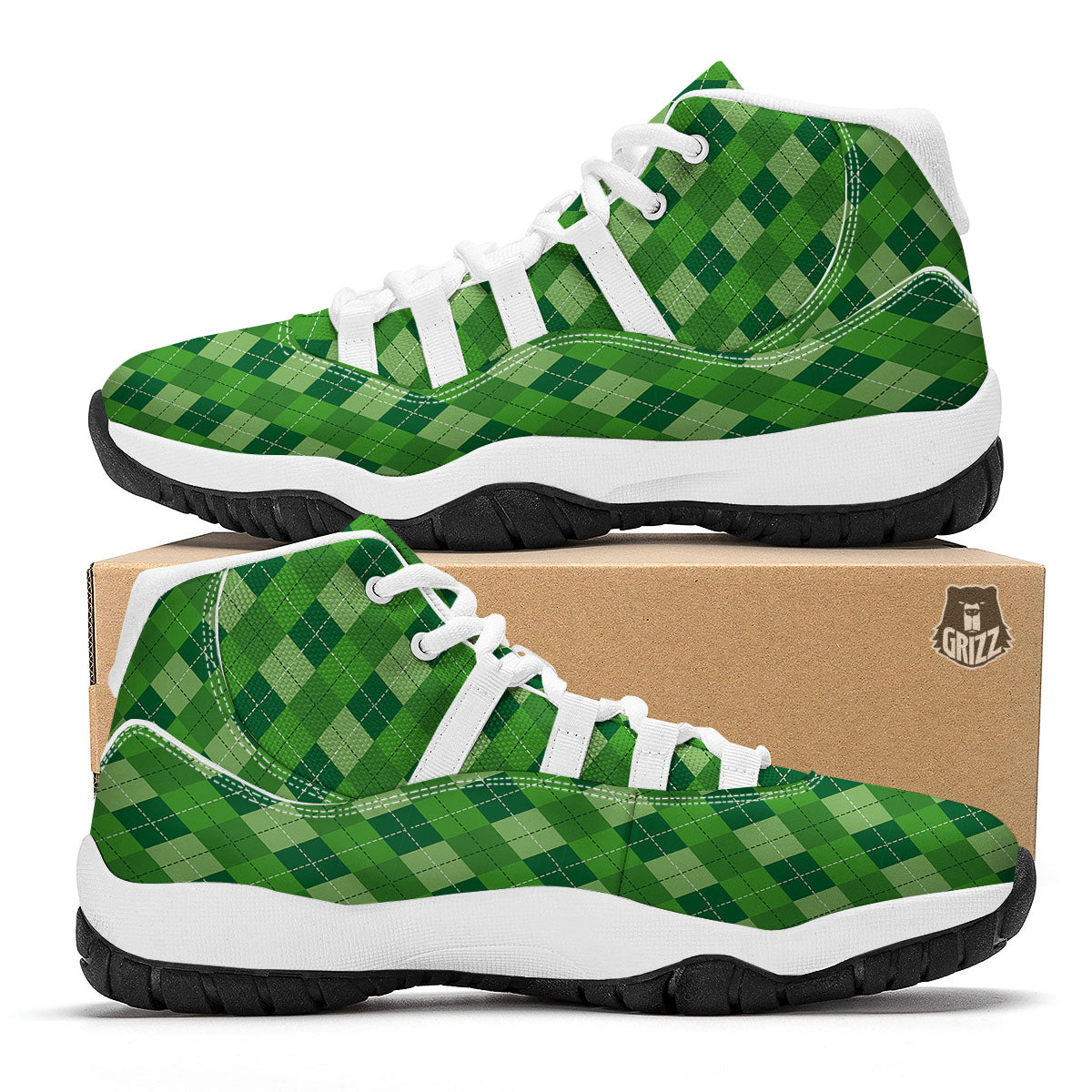 St. Patrick's Day Green Plaid Print White Bball Shoes-grizzshop