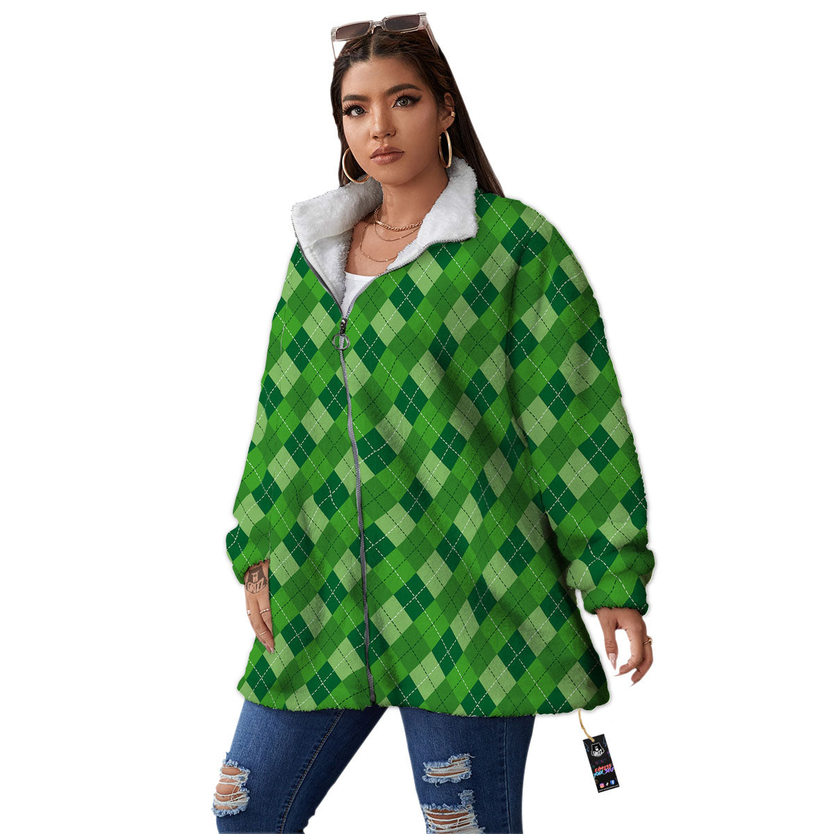 St. Patrick's Day Green Plaid Print Women's Sherpa Jacket-grizzshop